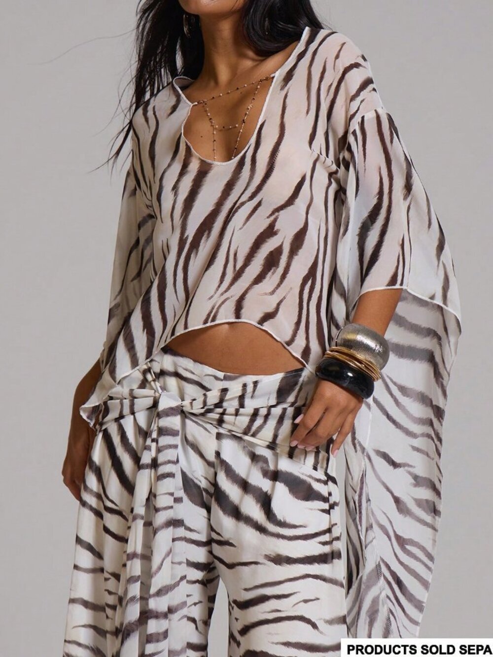 Black Boho Women's Zebra Print Chiffon Mesh Long Sleeve Plunge Cowl Neck Top